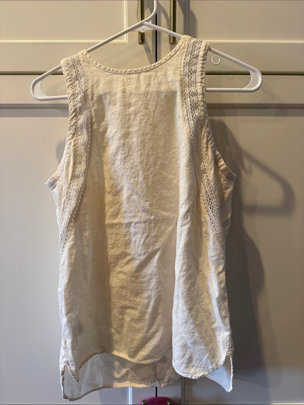 Ann Taylor Women's Cream Sleeveless Crochet-Trim Tank Top linen blend small